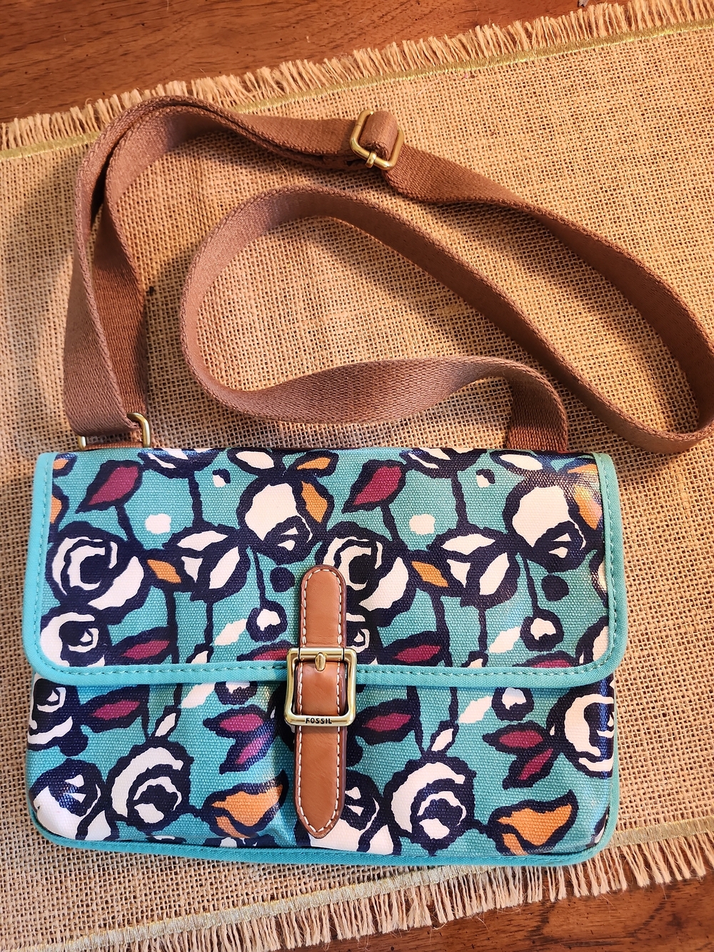 Fossil Teal Floral Crossbody Bag